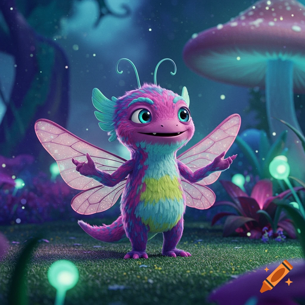 A cute, fluffy pink and blue monster with large blue eyes, butterfly wings, and antennae stands in a glowing purple and blue fantasy forest.