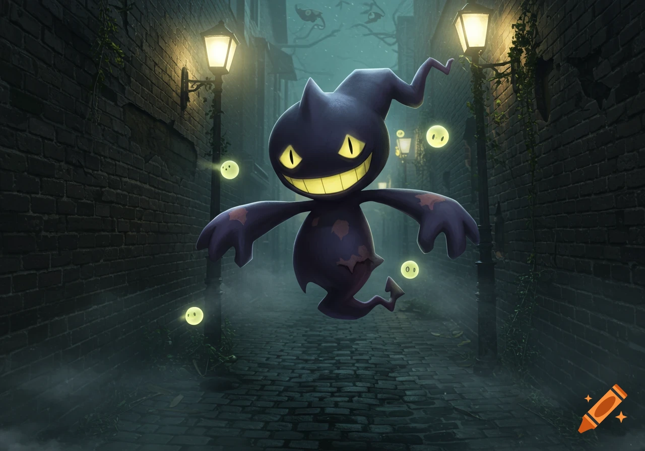 A purple ghost-like Pokémon with glowing yellow eyes and a wide grin floats in a dark, misty alleyway with street lamps.