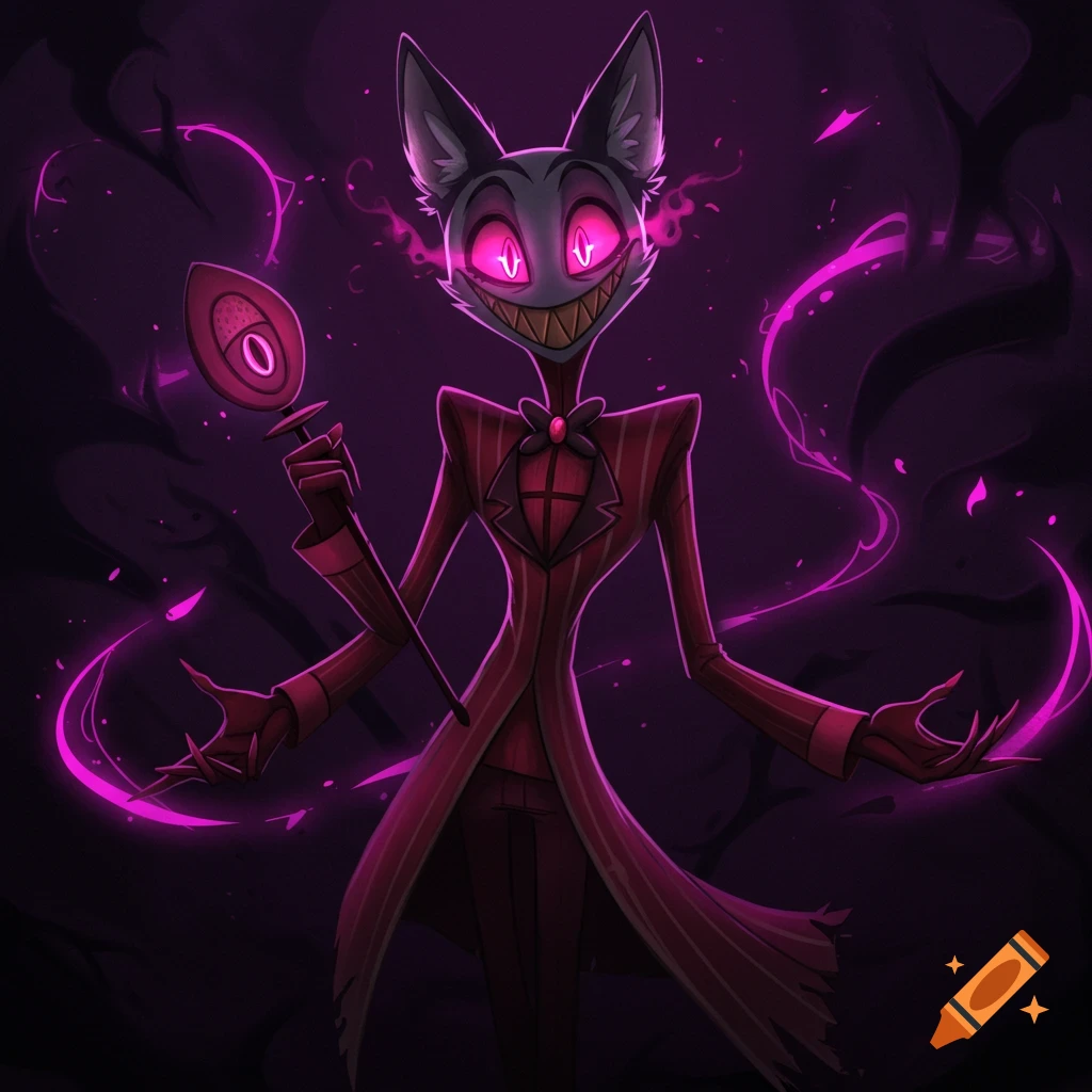 A cat-like demon from Hazbin Hotel in a pinstriped suit, with glowing pink eyes, holding a staff, surrounded by purple magic.