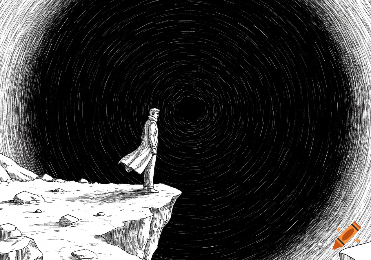 A man in a trench coat stands at the edge of a cliff, looking into a swirling black abyss in a detailed sketch.