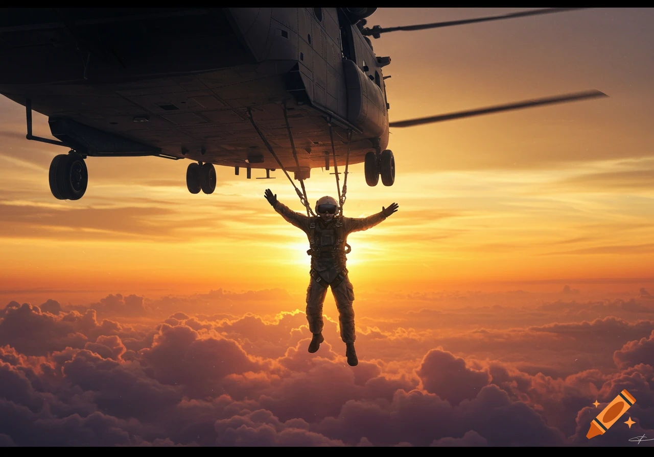 A person in flight gear hangs from a CH-47 helicopter above clouds at sunset, arms outstretched in a photorealistic style.