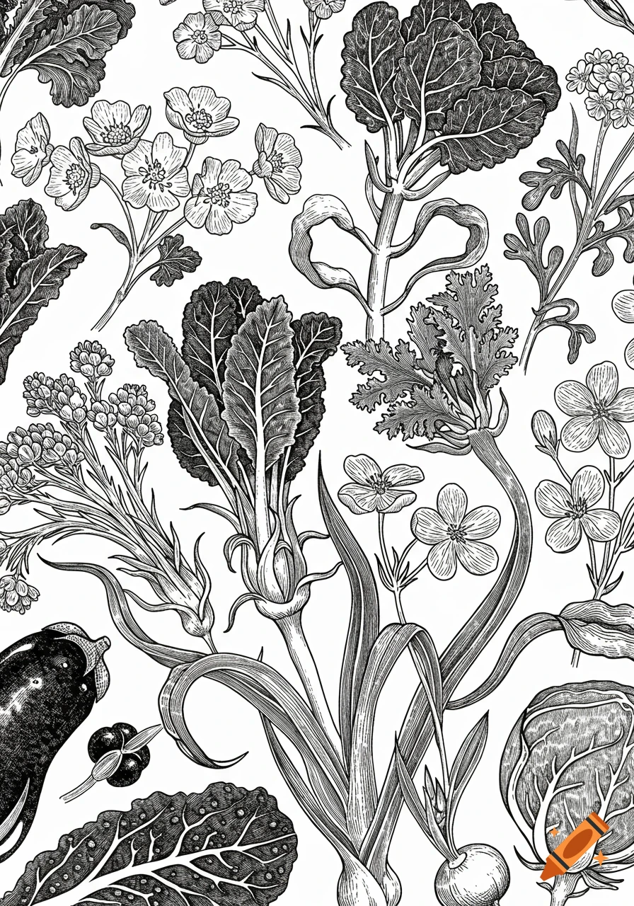Detailed black and white botanical illustration featuring various plants, flowers, and vegetables in a dense pattern.