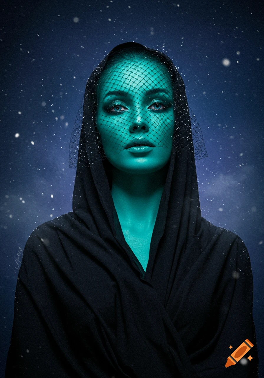 A mysterious woman with turquoise skin, blue eyes, and a black veil covering her face and head. She wears a black robe against a dark, snowy background.