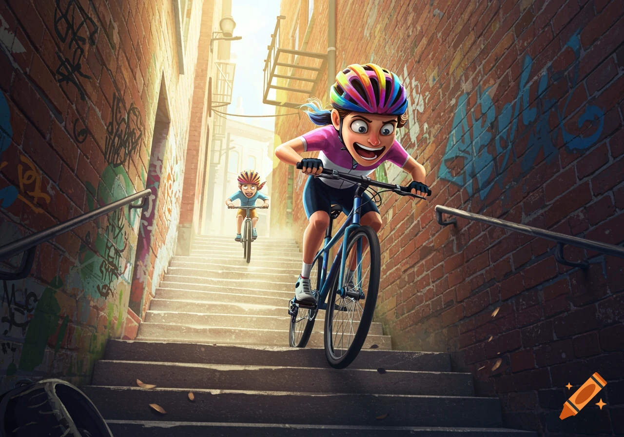 Animated cartoon of two children on bikes racing down a long stone staircase in a graffiti-covered brick alley.