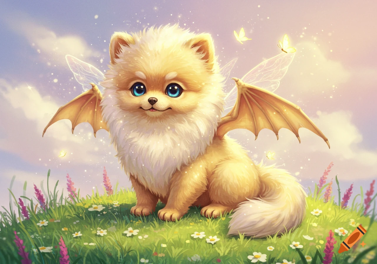 A cute, fluffy golden Pomeranian puppy with dragon and fairy wings sits in a whimsical field of green grass and flowers under a pastel sky, illustrated.