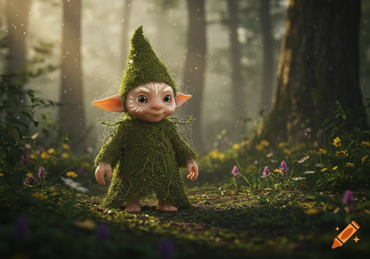 A cute, moss-covered gnome-like creature with white face markings stands in a sun-dappled forest with wildflowers, photorealistic.