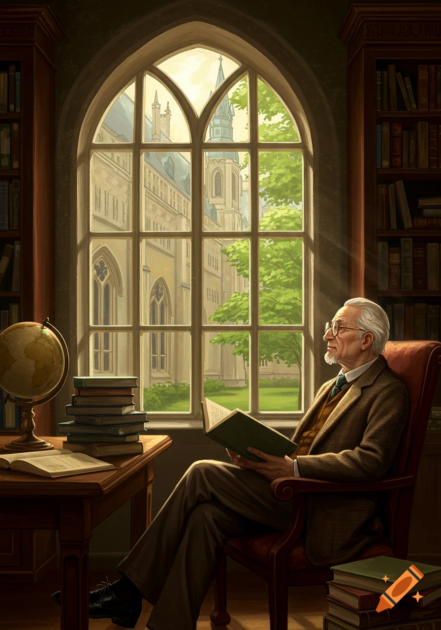 An elderly professor reads a book in a sunlit study with a large arched window looking out onto a university campus.