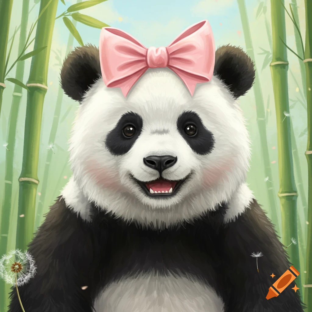 A smiling panda with a pink bow on its head stands among green bamboo stalks.