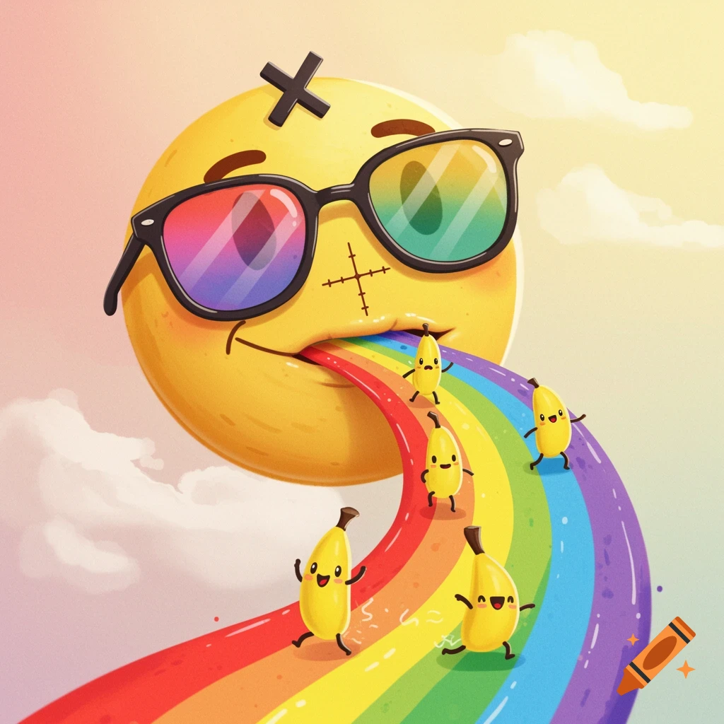 A cartoon emoji with rainbow sunglasses vomits a rainbow, with happy banana characters sliding down it.