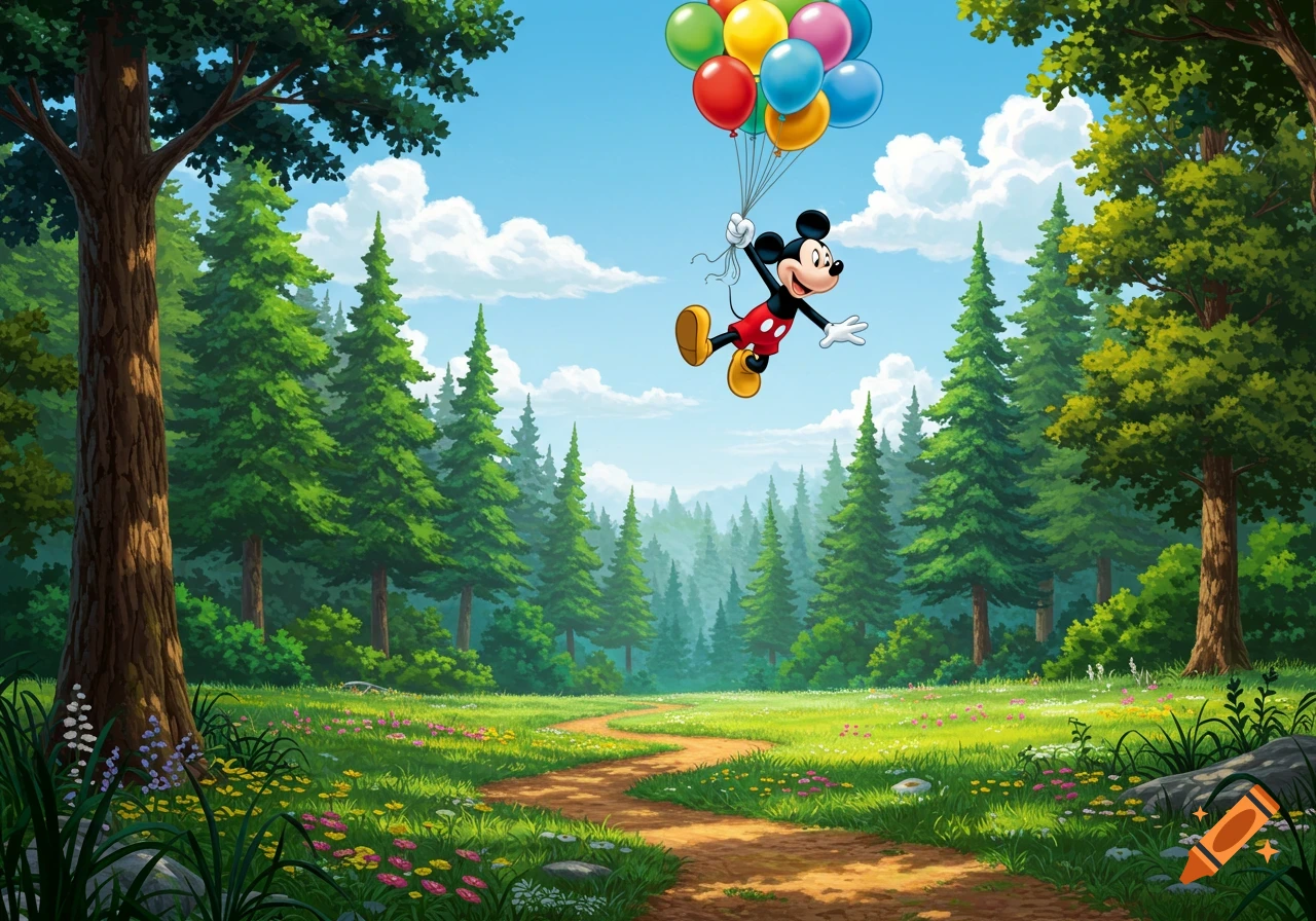 Mickey Mouse flies through the sky holding colorful balloons above a winding dirt path in a lush green forest with tall trees and wildflowers.