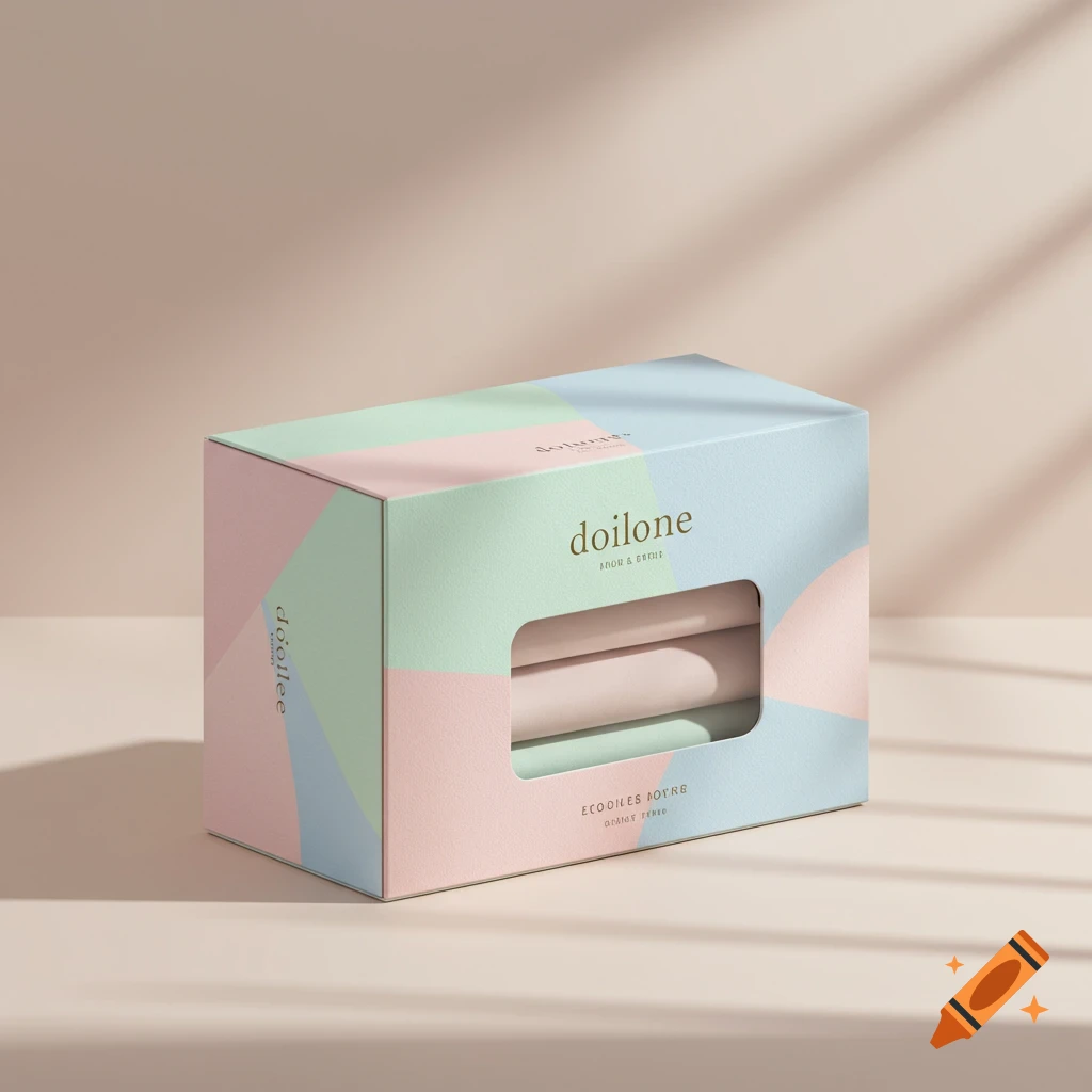 Pastel-colored product box with geometric patterns and a window, on a light surface with shadows.