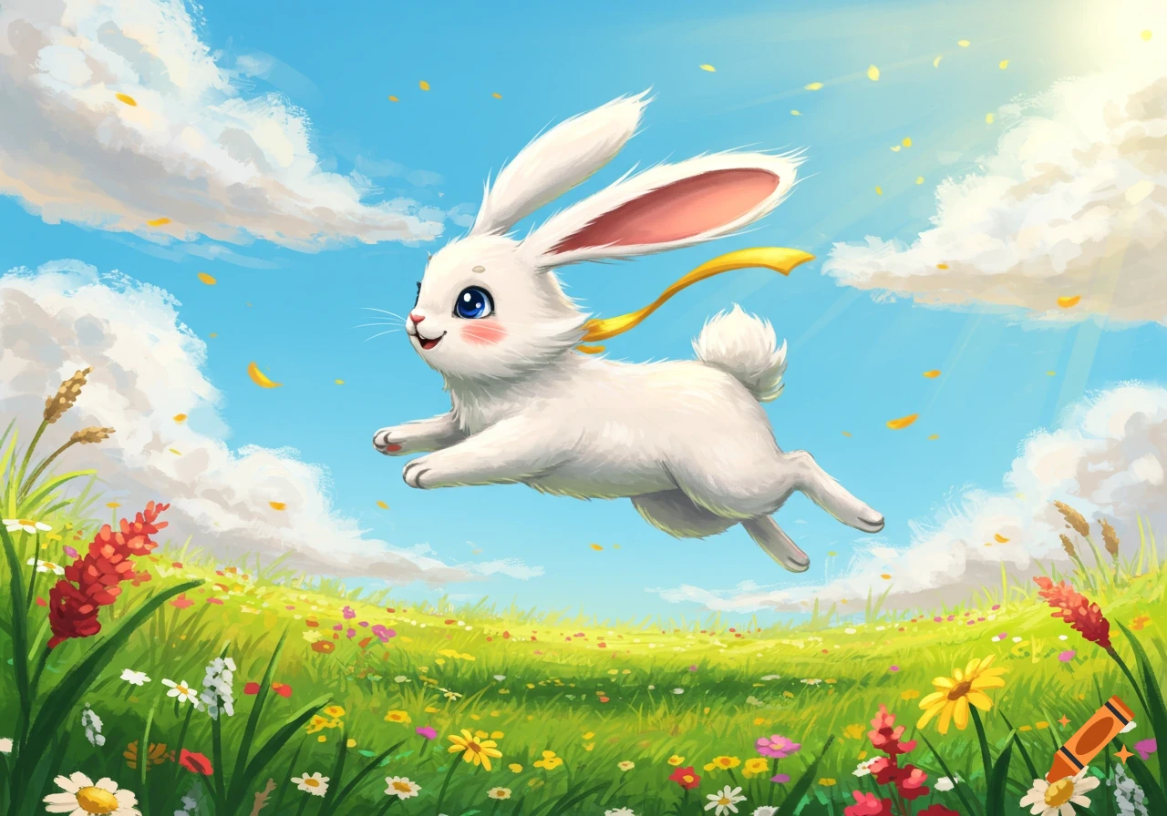 A cute cartoon white rabbit with blue eyes leaps through a sunny meadow filled with colorful flowers under a blue sky.