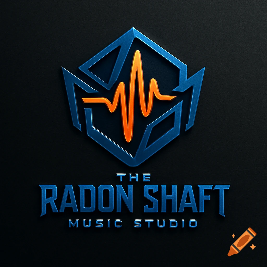 A 3D metallic logo with an orange sound wave inside a blue hexagonal shape, above the words 'THE RADON SHAFT MUSIC STUDIO' on a dark background.