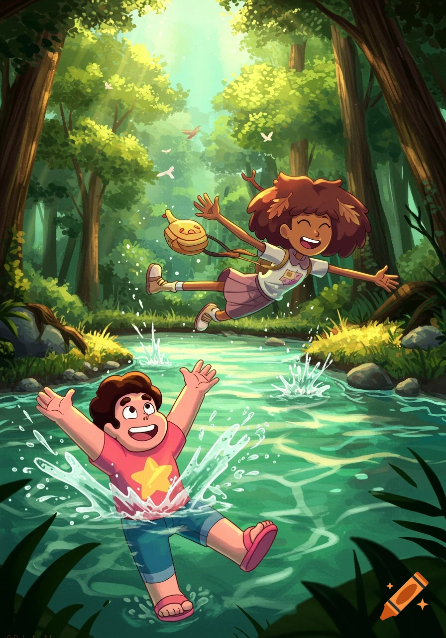 Steven Universe and Anne Boonchuy joyfully splash in a clear river in a sun-dappled forest, in a vibrant cartoon style.
