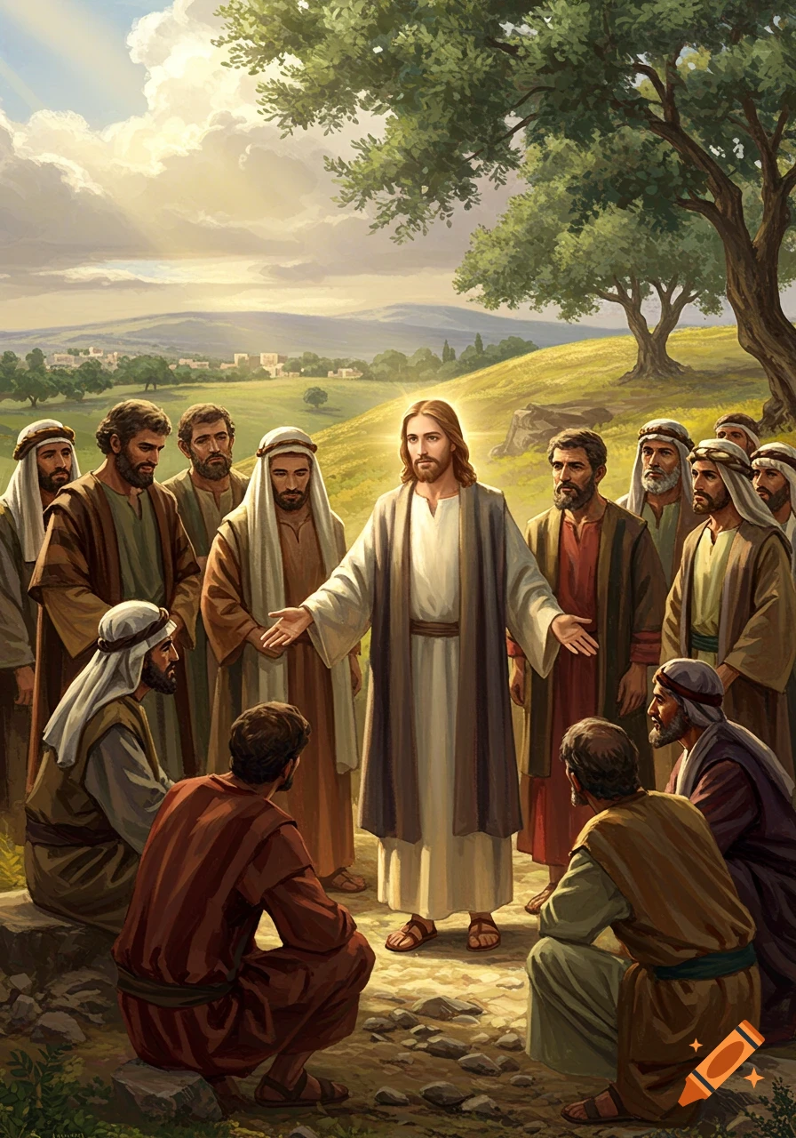 Jesus, with a radiant glow, gestures as he speaks to his disciples on a grassy hill under a bright, cloudy sky in a detailed painting.