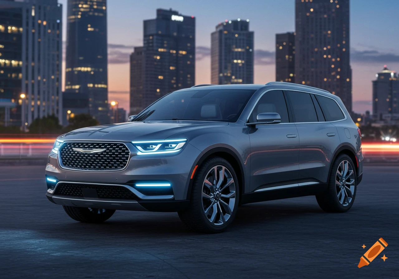 A gray Chrysler SUV with illuminated headlights and daytime running lights parked in a city at dusk.