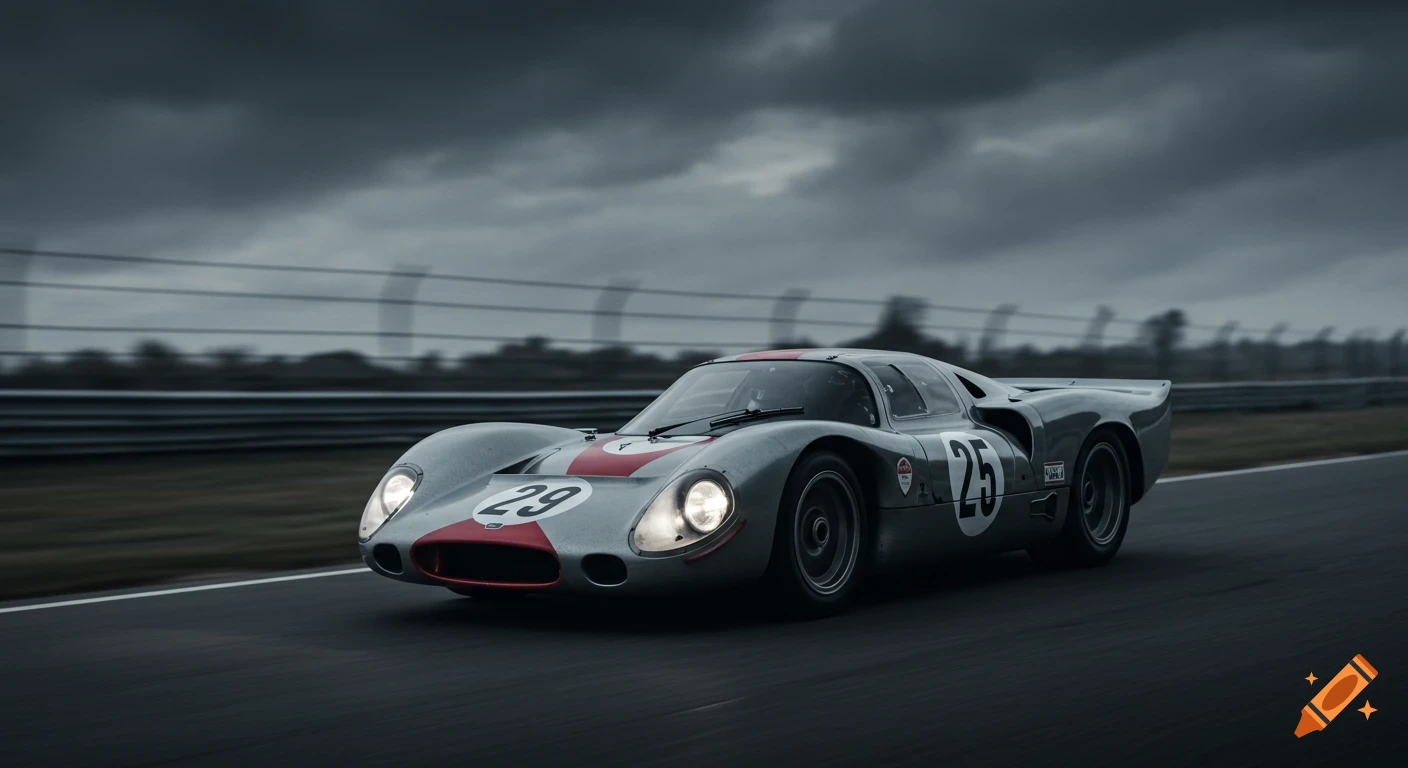 A silver classic 1960s Le Mans prototype race car with red stripes and race numbers speeding on a track under an overcast sky.