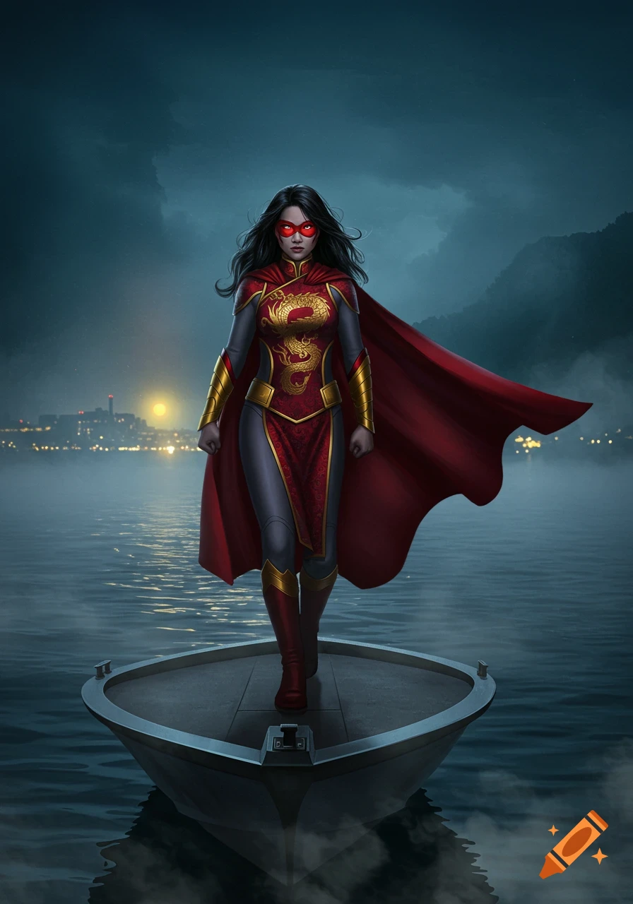Asian superhero girl in a red and gold suit with a cape standing on a boat in misty water at night. Digital art.