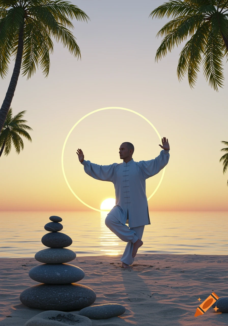 A man practices Tai Chi on a beach at sunset, standing on one leg with a glowing ring behind him and a stack of balanced stones in the foreground.