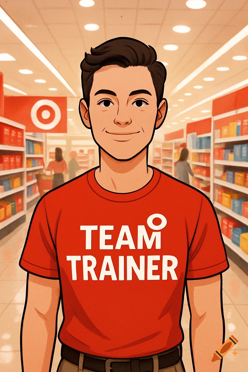 Cartoon illustration of a smiling man in a red 'TEAM TRAINER' shirt standing in a Target store aisle.