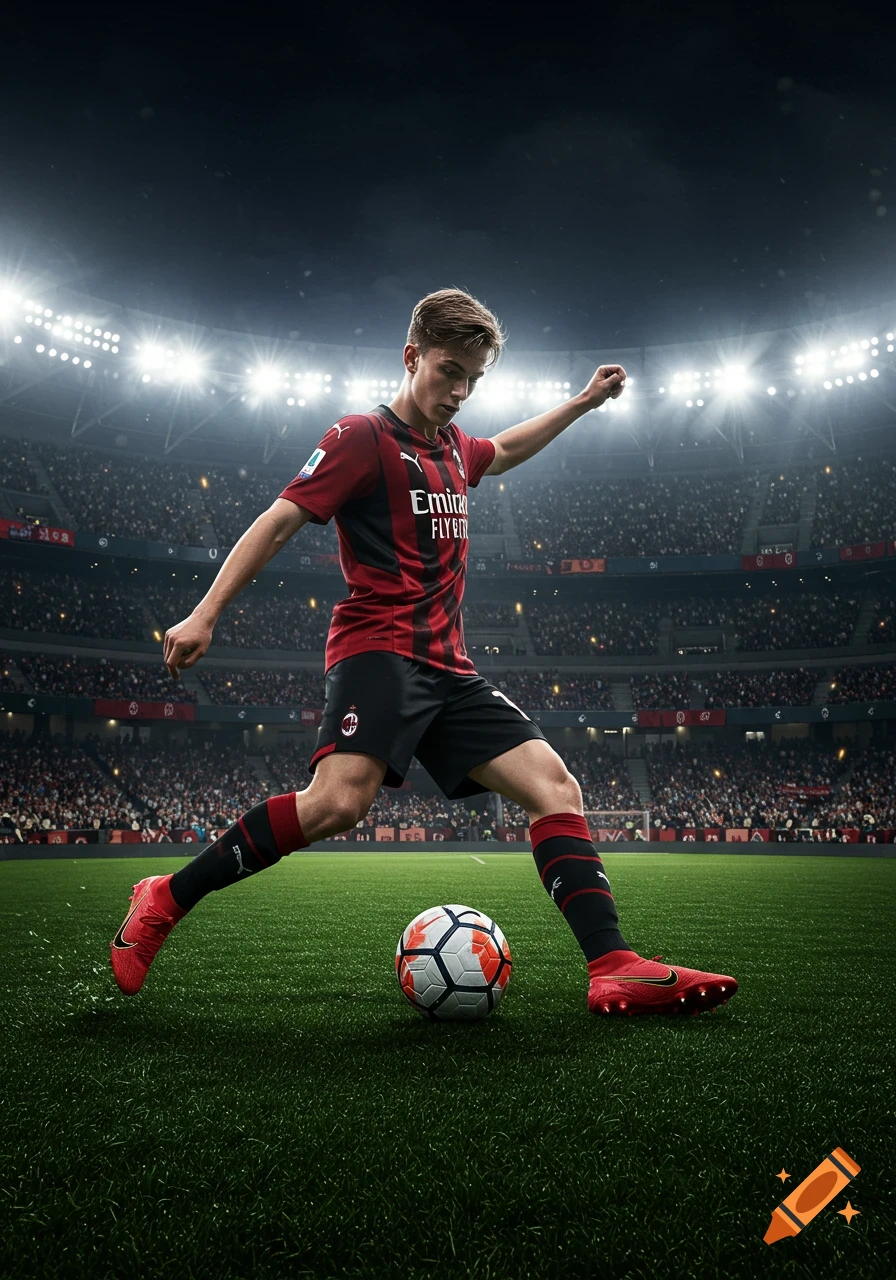 A young male soccer player in an AC Milan kit is poised to kick a football on a stadium field under bright lights. Photorealistic style.