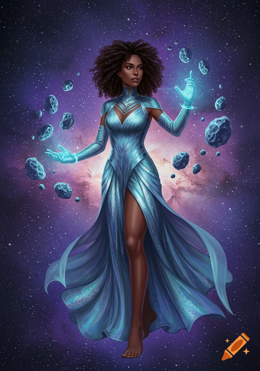 A woman in a shimmering blue dress with glowing hands floats in space, moving asteroids telekinetically, against a starry cosmic background. Digital art.