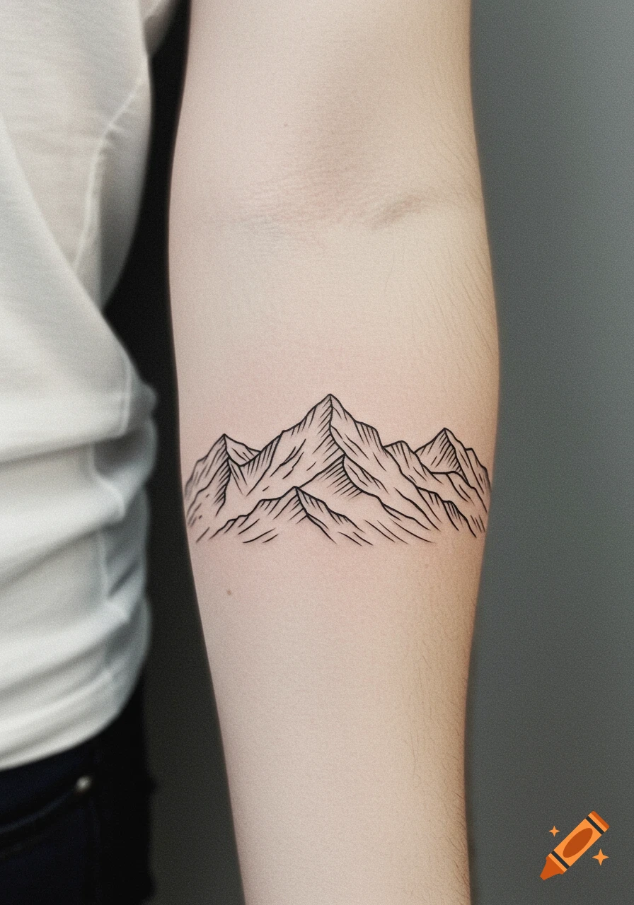 A minimalist black outline tattoo of a mountain range on a person's forearm.