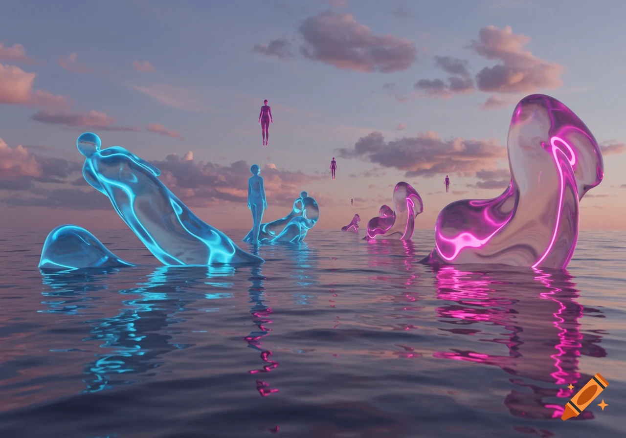 Abstract liquid-like humanoid figures in neon blue and pink emerge from and float above a calm ocean at sunset under a cloudy sky.