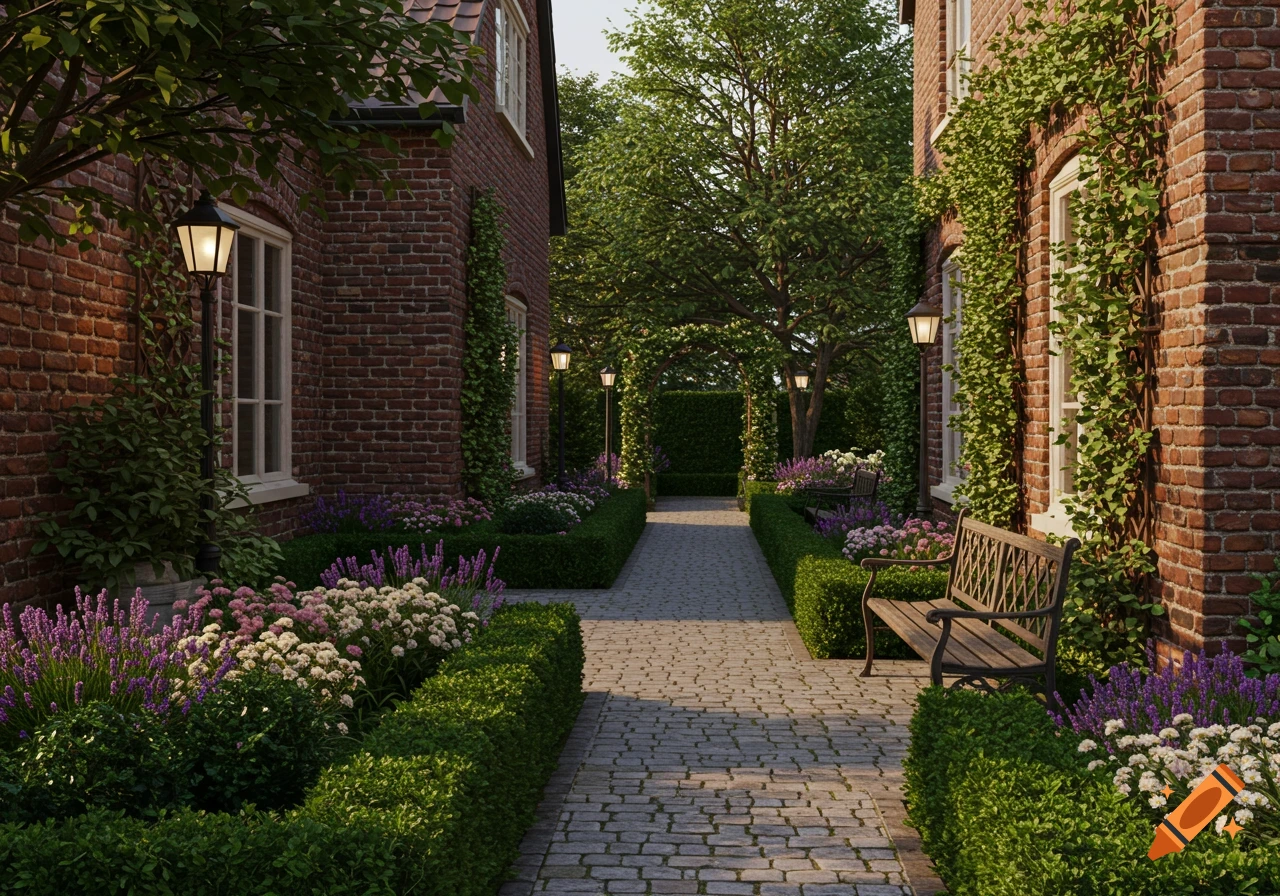 A charming traditional side yard with a cobblestone path lined by manicured hedges, lavender, and other flowers between two brick buildings. Lanterns illuminate the path.