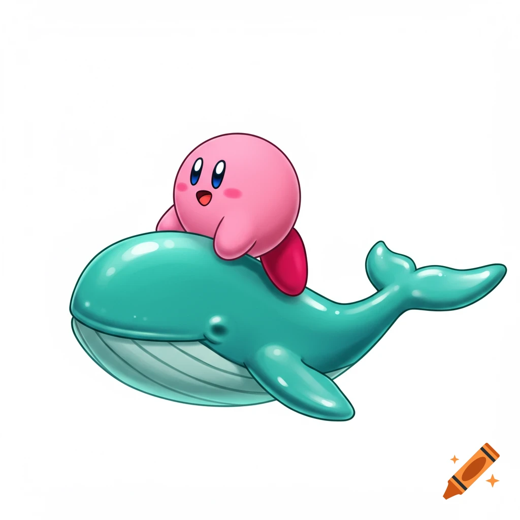 A pink, round cartoon character (Kirby) with red feet riding on the back of a large, shiny teal whale against a white background.