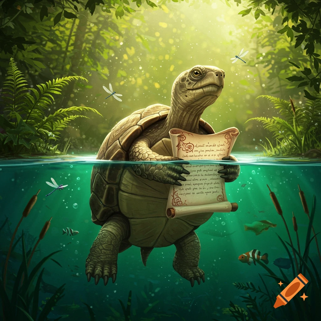 A turtle partially submerged in water holds an ancient scroll, surrounded by lush green plants, dragonflies, and fish.