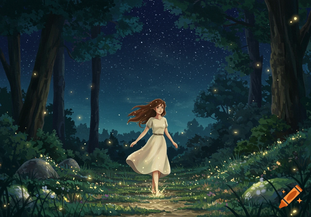 A brown-haired woman in a white dress walks through a dark, whimsical forest at night, illuminated by glowing fireflies, in Studio Ghibli style.