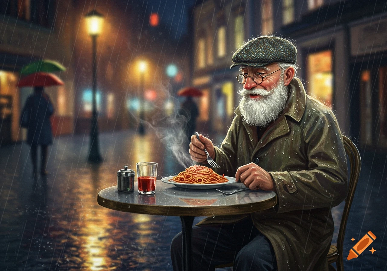 An old man with a white beard and glasses eats spaghetti at an outdoor table in the rain, streetlights illuminate the wet pavement.