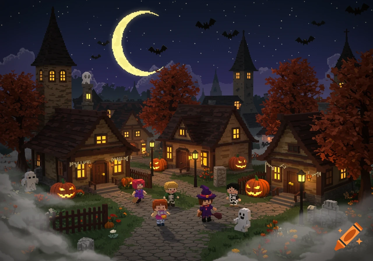 Pixel art Halloween village scene at night with children trick-or-treating, jack-o'-lanterns, and a crescent moon.