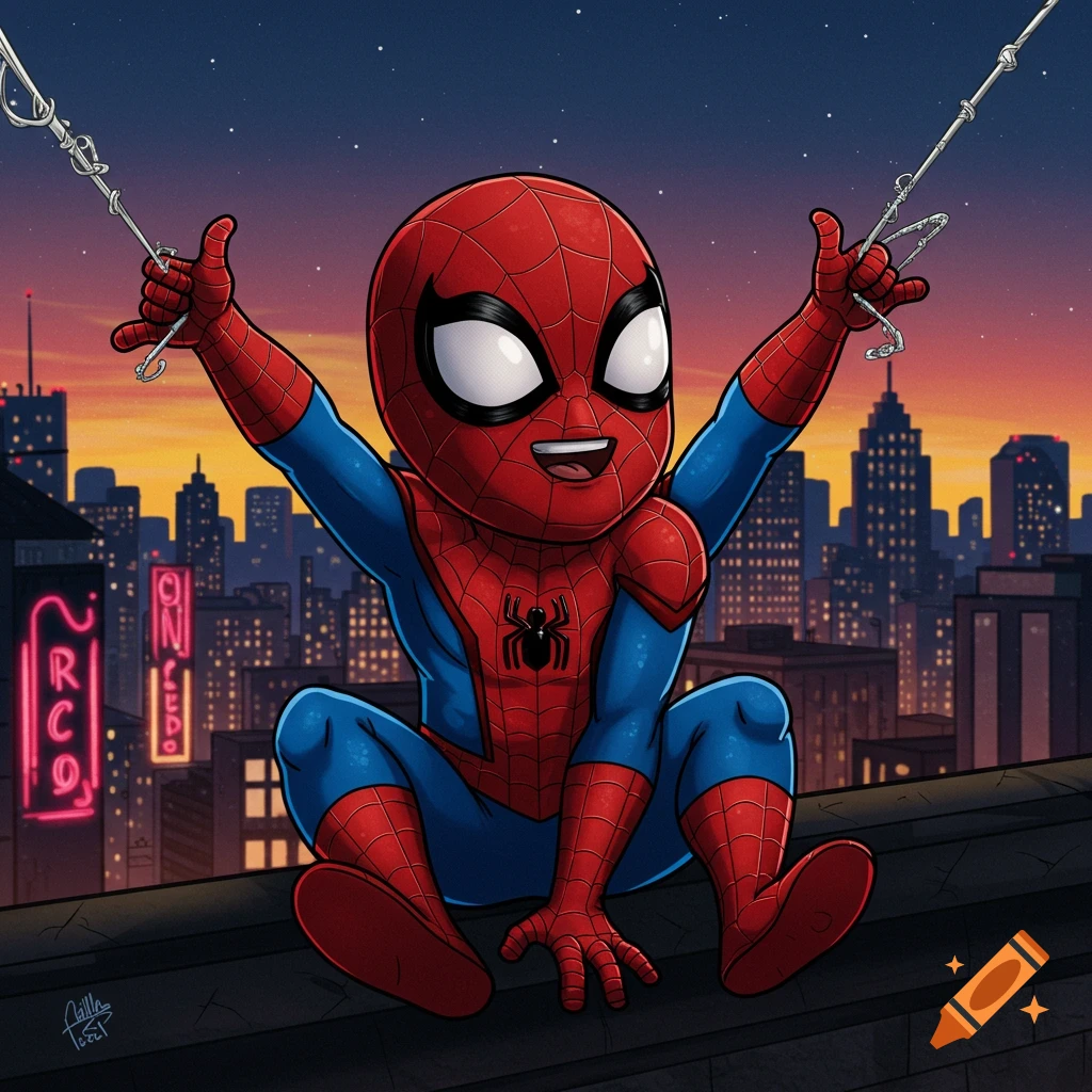 Chibi Spiderman sitting on a rooftop at dusk, holding web lines with a cityscape background.