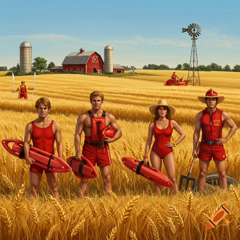 Four lifeguards in red swimsuits and shorts stand in a golden wheat field in front of a red barn and silos under a blue sky. One holds a rescue buoy, another holds a helmet, a woman wears a one-piece, and a man holds a pitchfork.