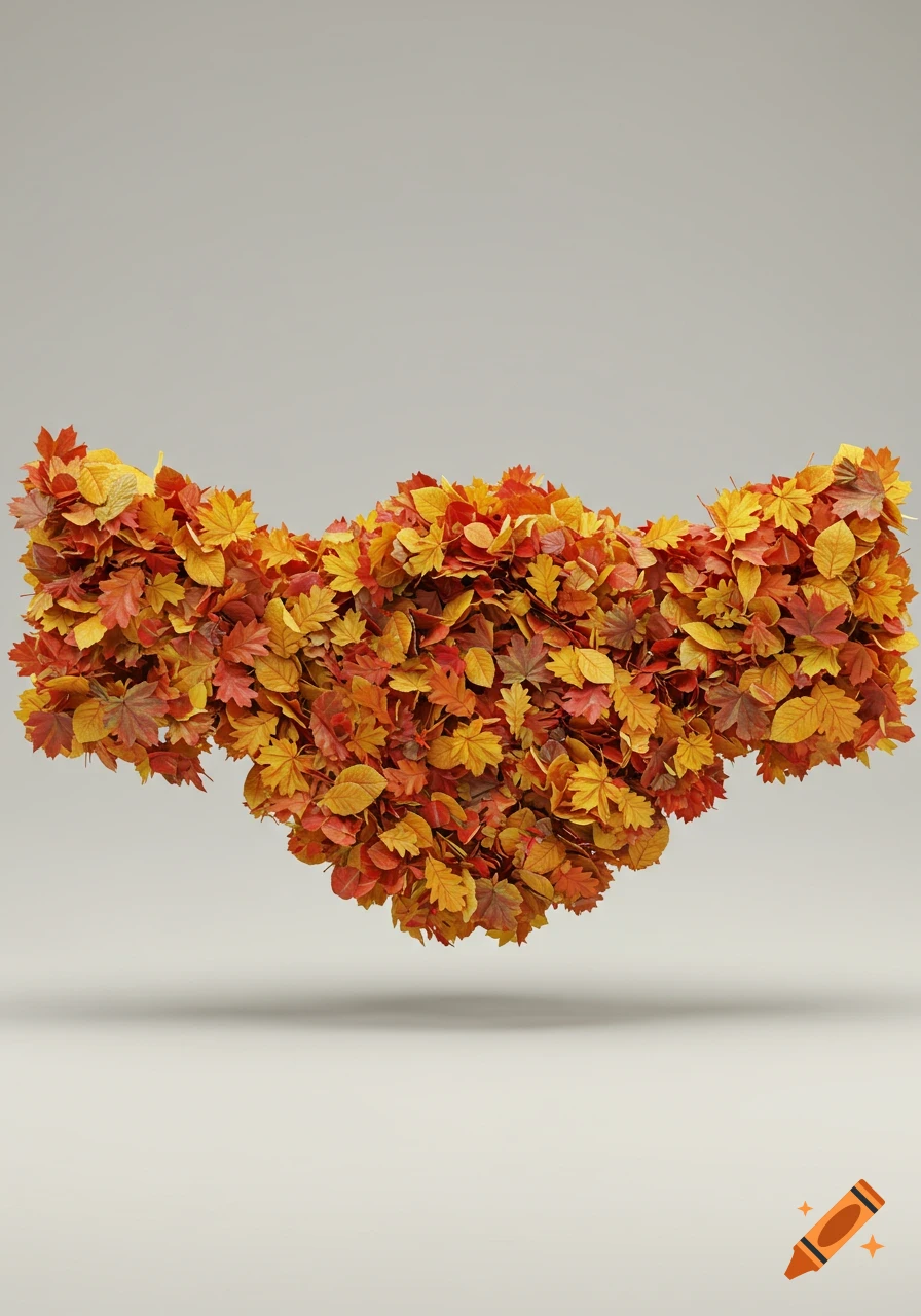 Photorealistic 3D rendering of a handshake shape made from vibrant orange, red, and yellow autumn leaves, floating on a gray background.