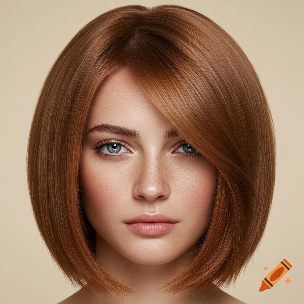 A close-up portrait of a woman with auburn bob-cut hair, blue eyes, and freckles, against a light background.
