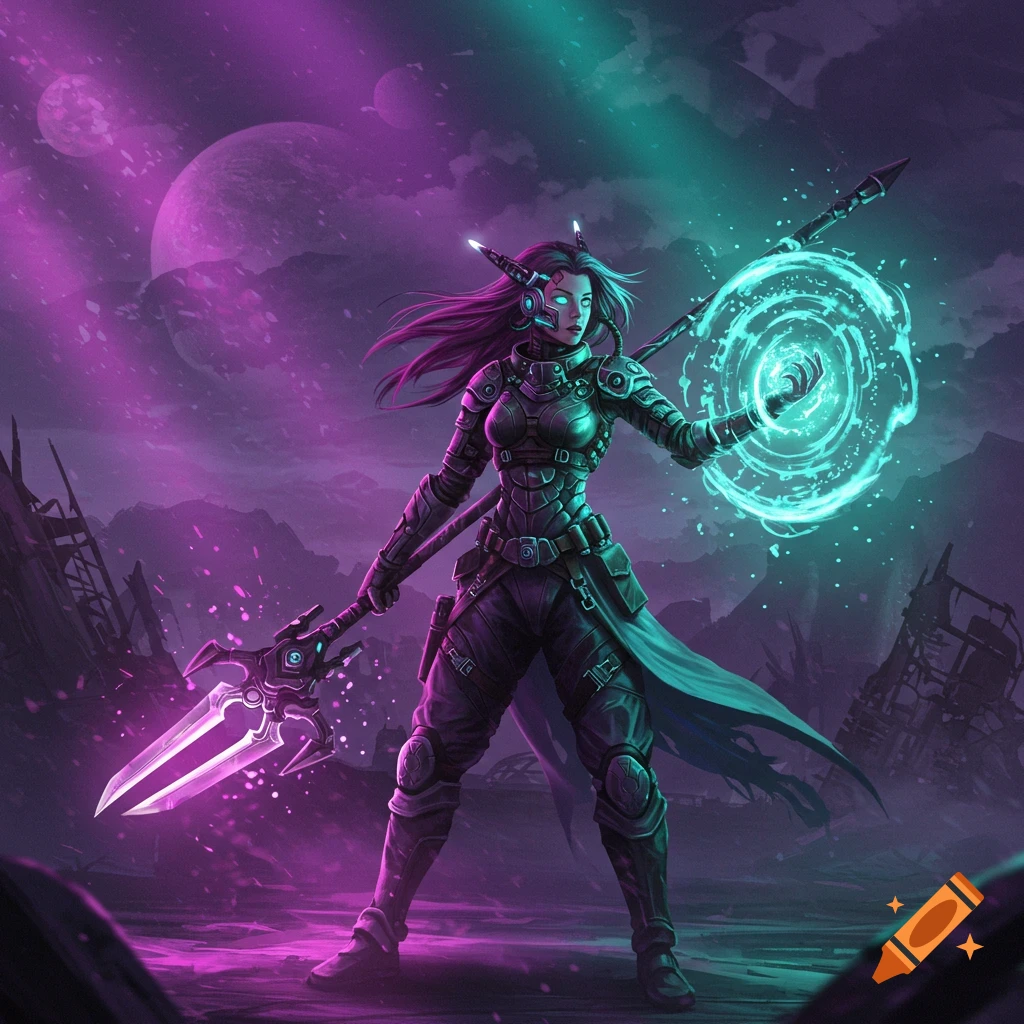 A female science fantasy warrior in tech armor with a glowing spear and energy shield, against a purple and teal alien planet background.