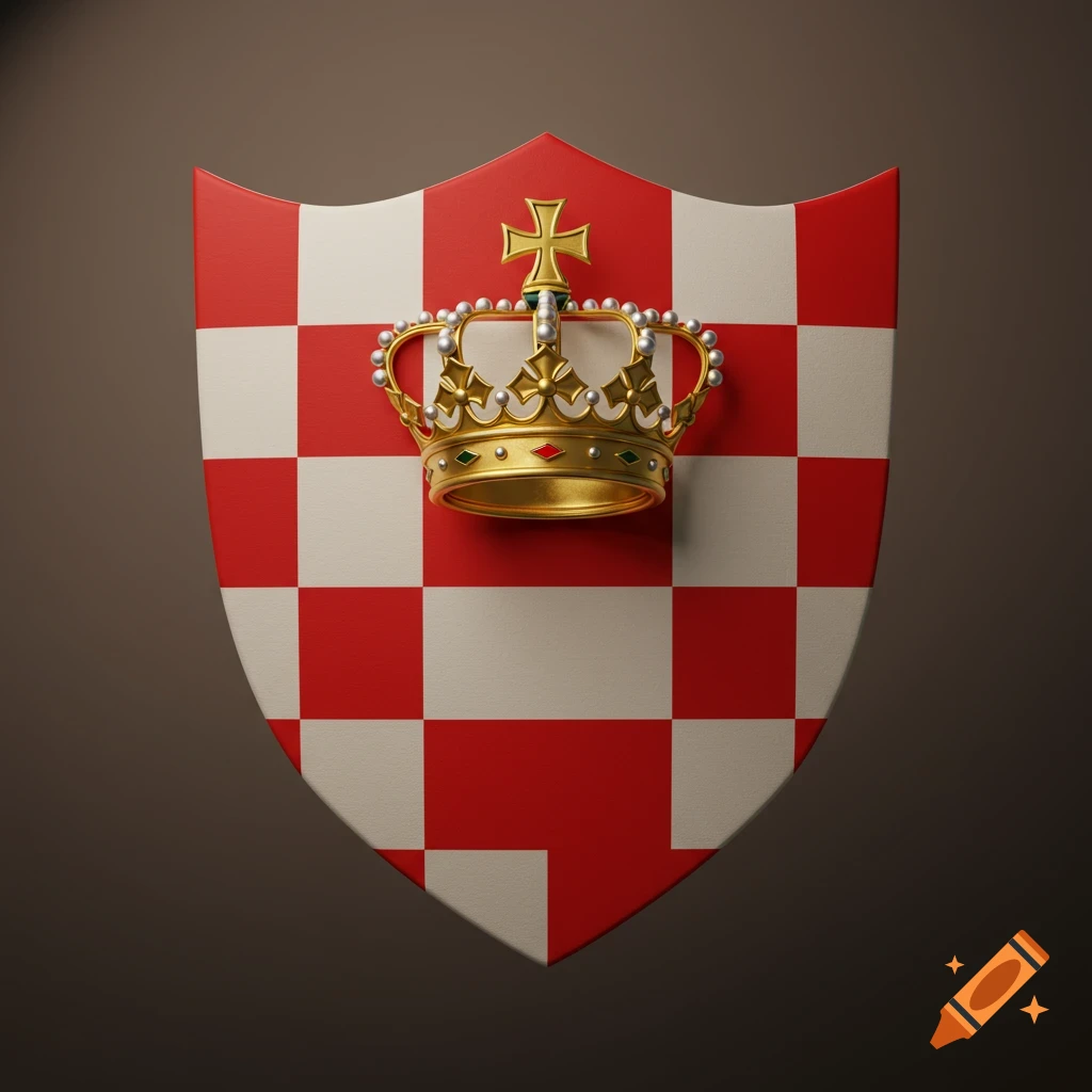 A golden crown with a cross sits on a red and white checkered shield, rendered in 3D.