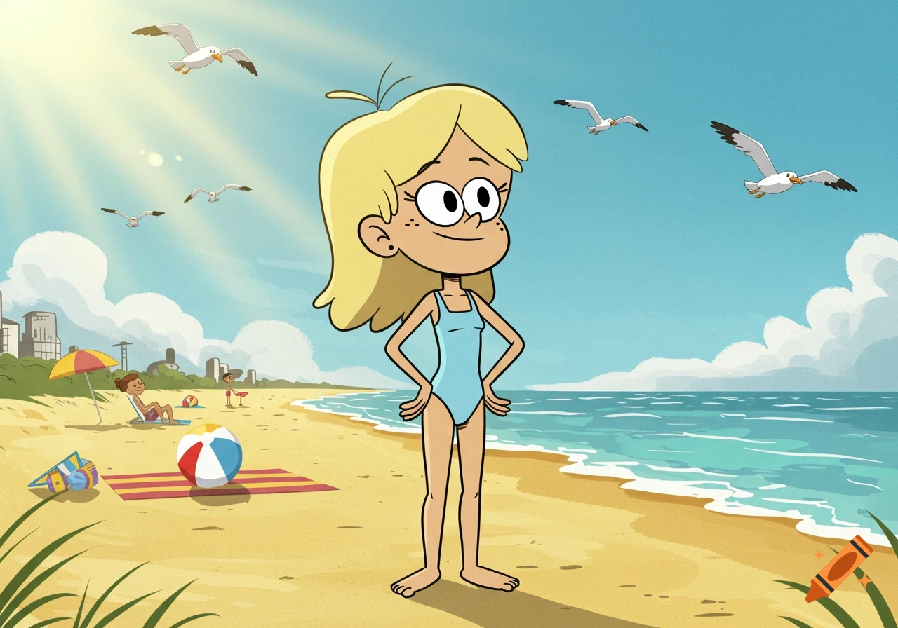 Cartoon girl in a light blue one-piece swimsuit stands on a sunny beach with seagulls and ocean in the background.