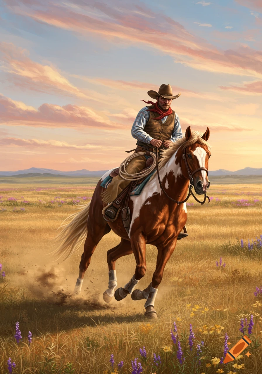A cowboy on a brown and white painted horse gallops through a field of purple wildflowers at sunset.