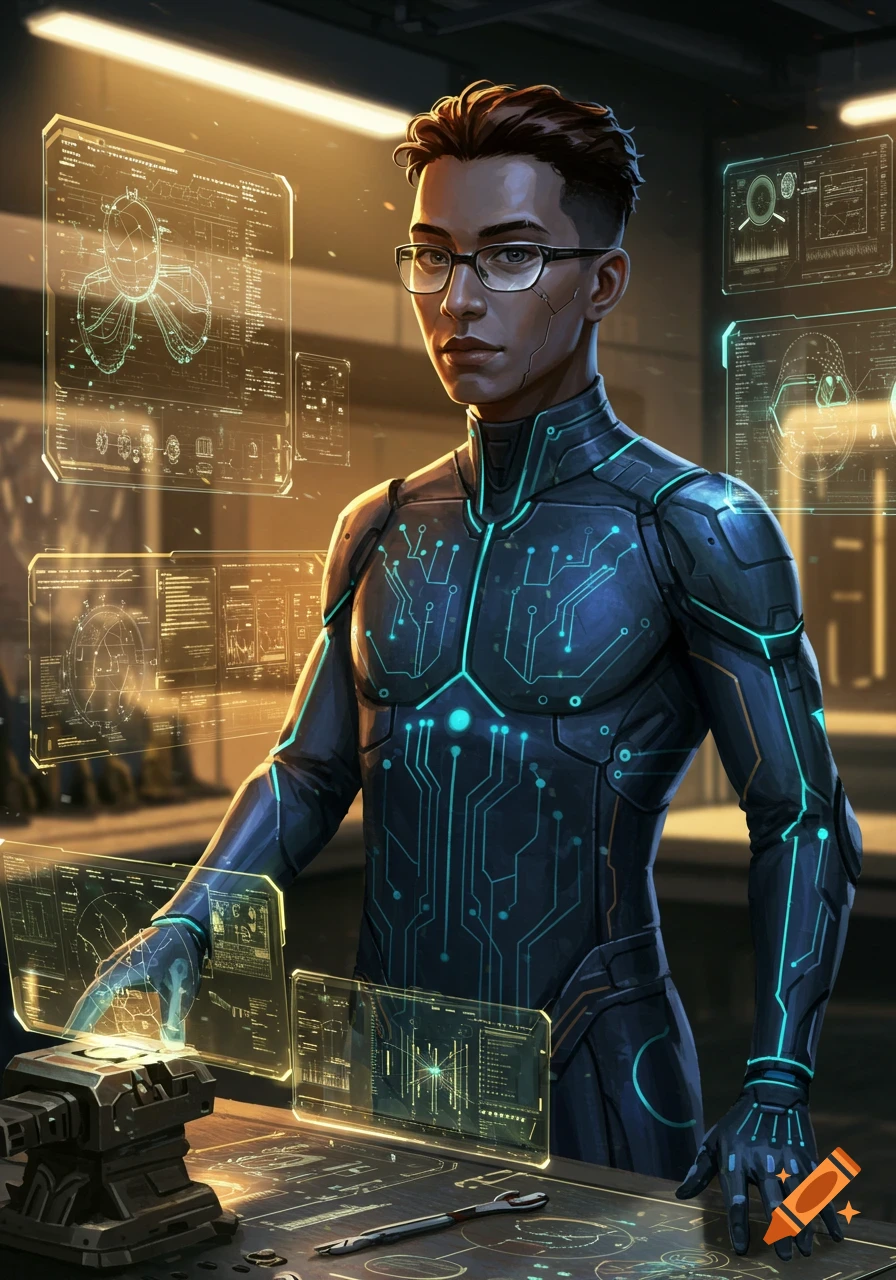 A person in a futuristic circuit-patterned suit interacting with glowing holographic screens in a lab setting.