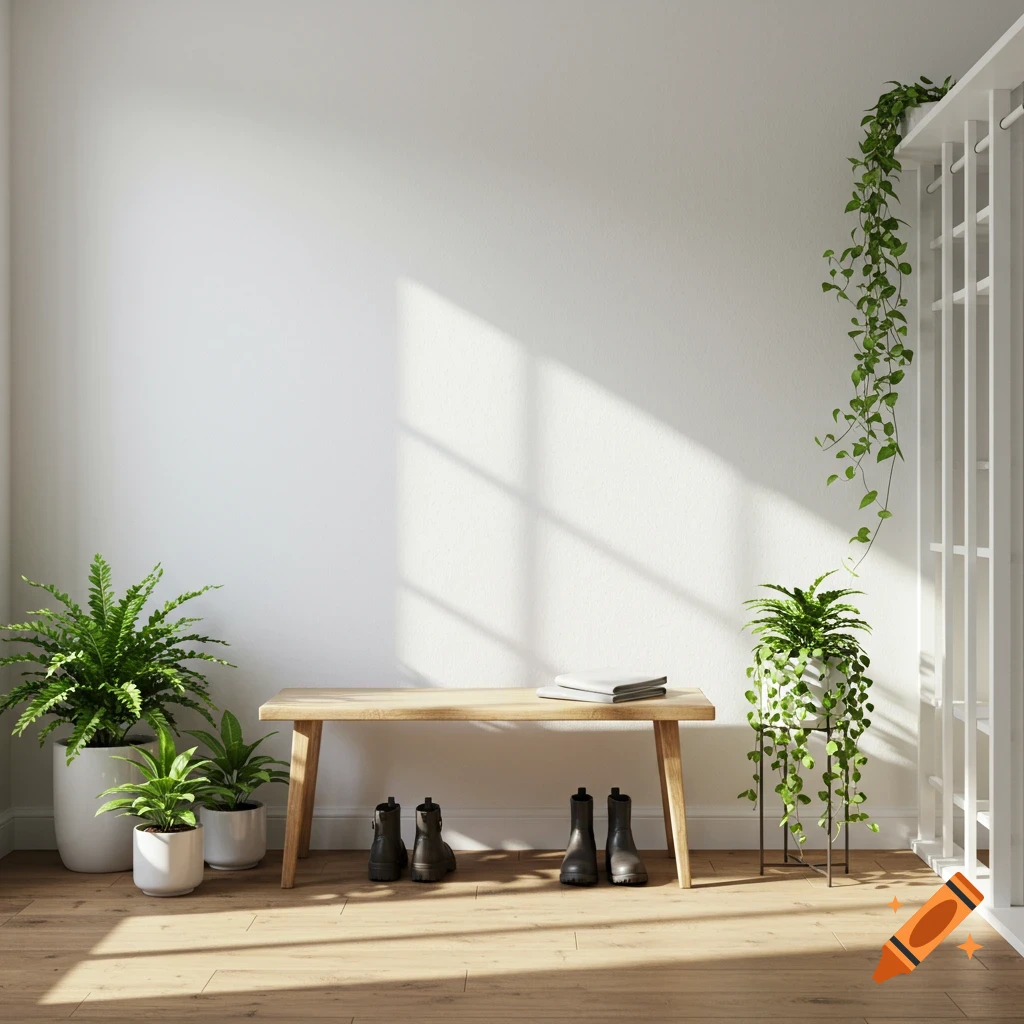 A sunlit mudroom with a light wood bench, various potted plants, and boots on a wooden floor.