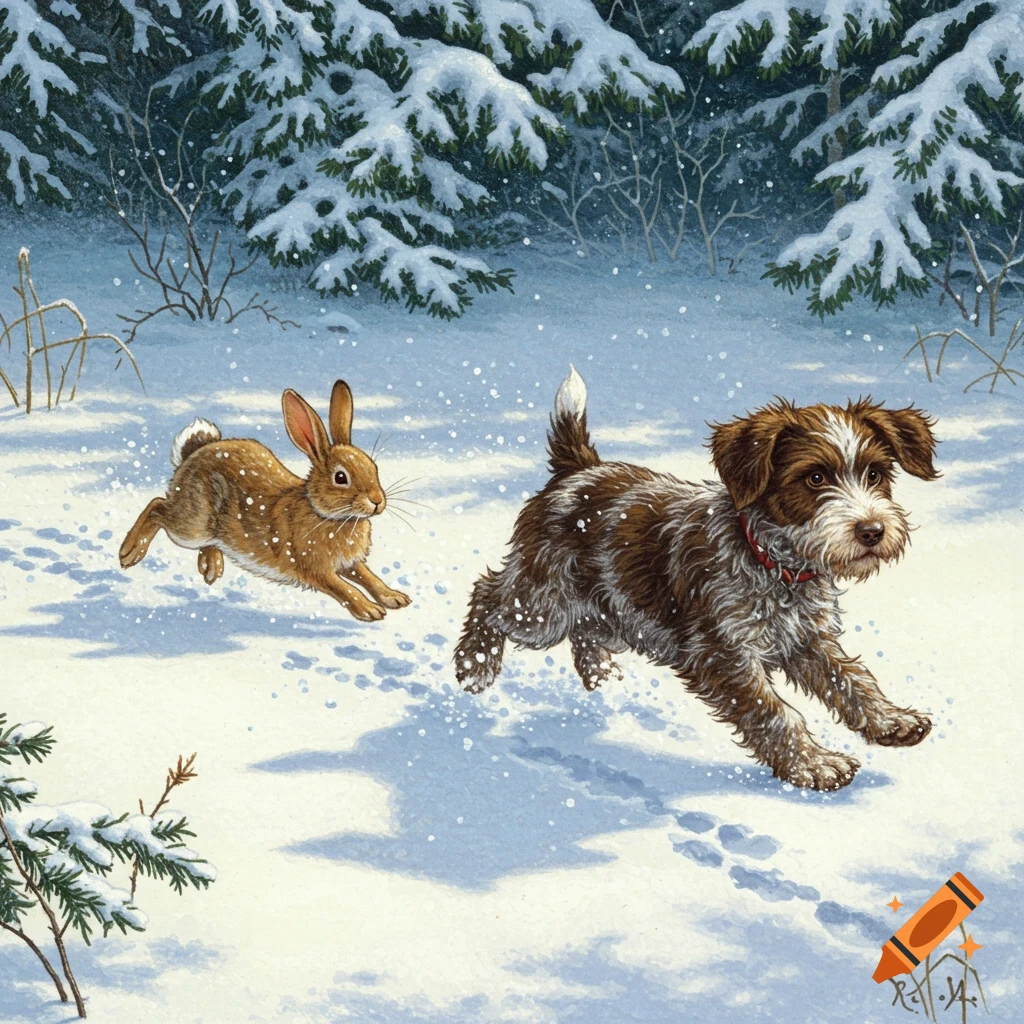 A brown and white dog chases a brown rabbit through a snowy forest, depicted in a classic illustration style.