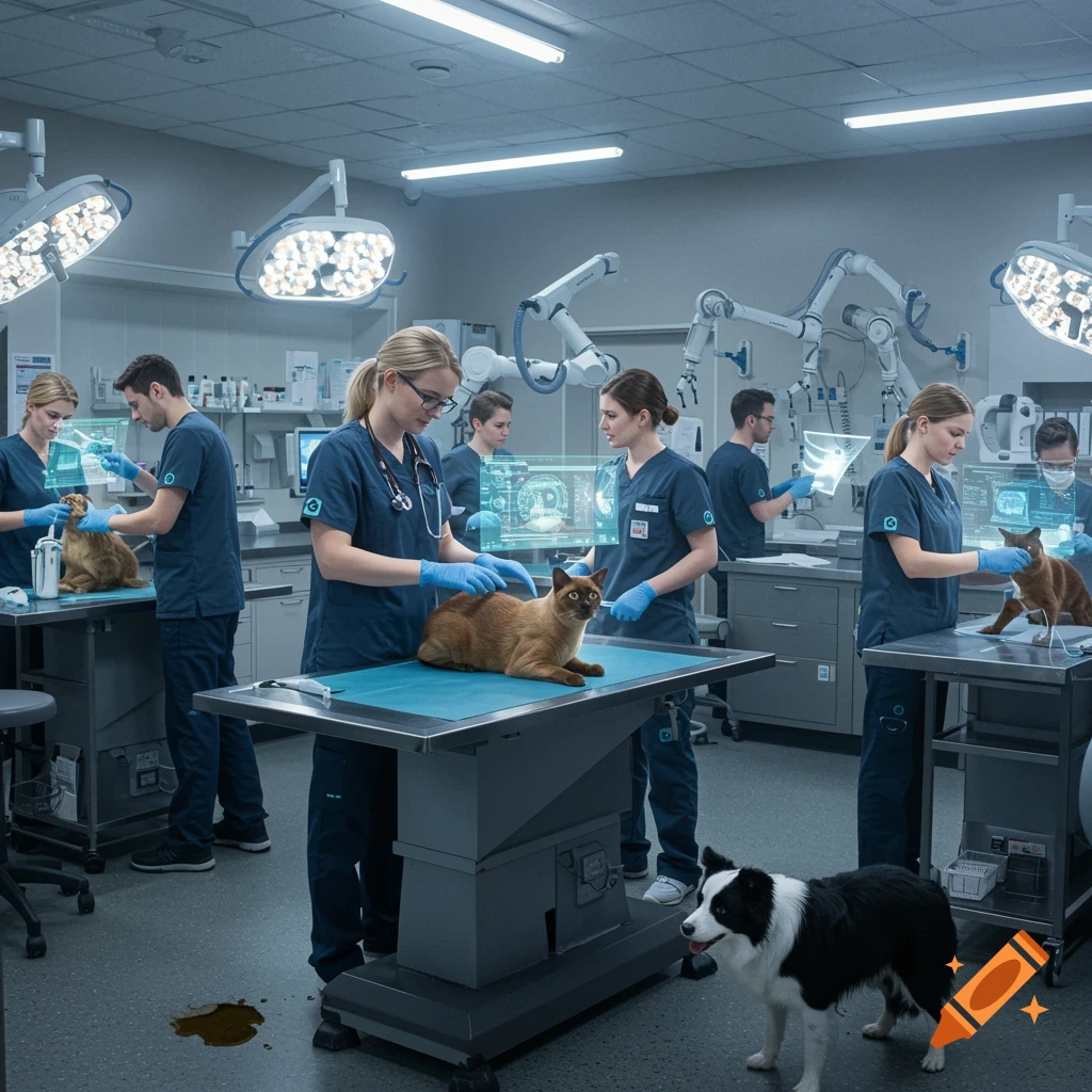 A futuristic veterinary lab where vets in scrubs examine cats and a dog, with holographic screens displaying data. One dog is pooping on the floor.