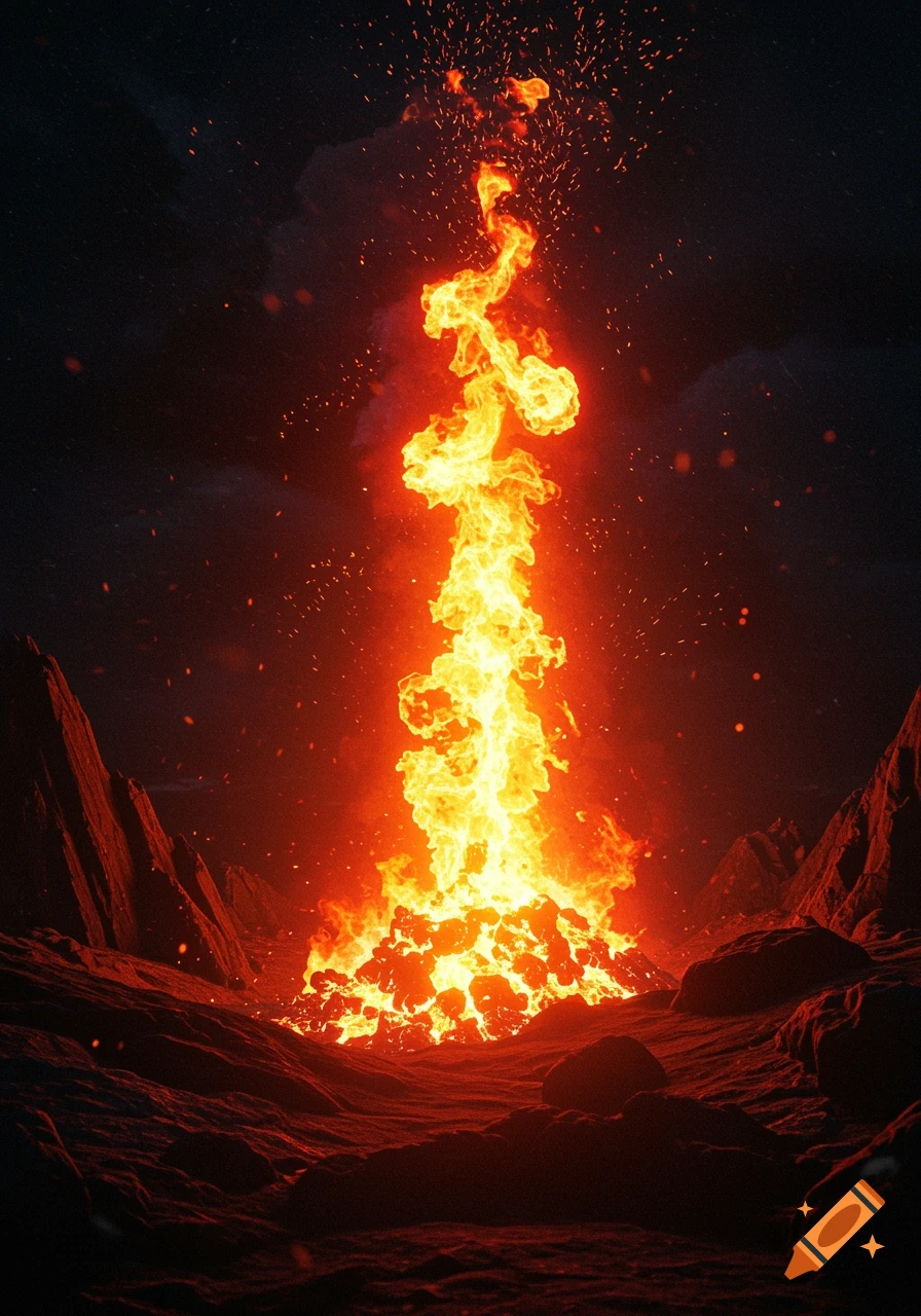 A tall, bright pillar of swirling orange and yellow fire erupts from a dark, rocky landscape under a stormy sky, with sparks flying.