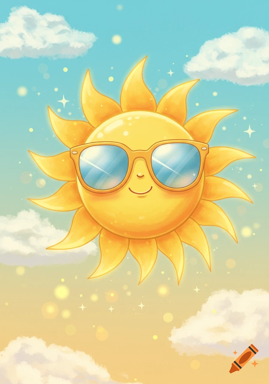 A cheerful cartoon sun with orange rays and sunglasses, smiling under a blue and yellow sky with fluffy clouds.