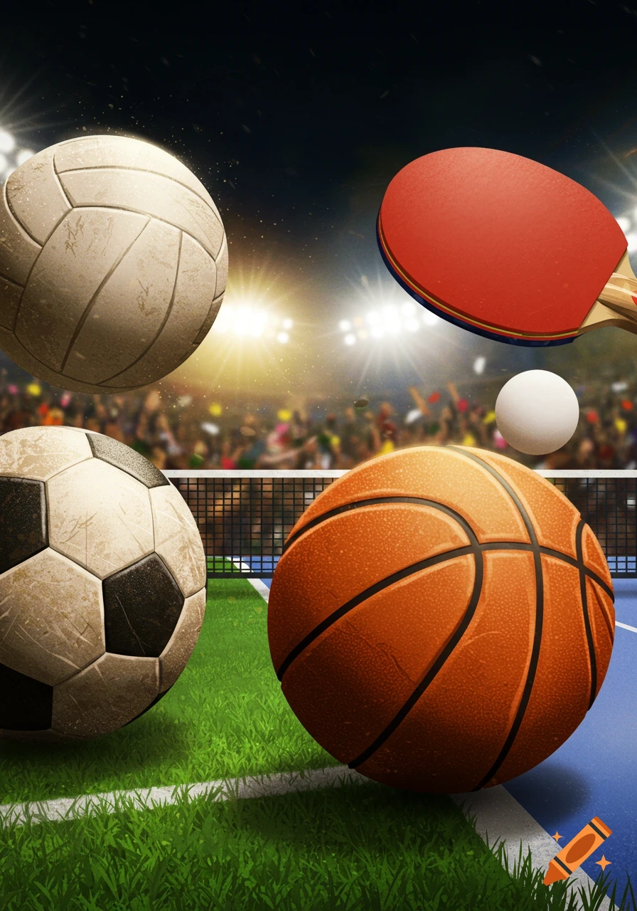 Close-up of a volleyball, soccer ball, basketball, and ping pong paddle with a ball on a sports field at night with stadium lights.