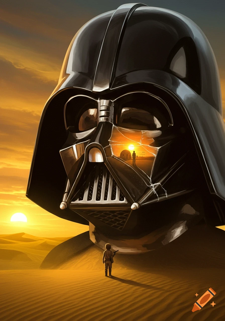 An illustrated image of a colossal Darth Vader helmet cracked to reveal a young boy in a desert landscape at sunset.